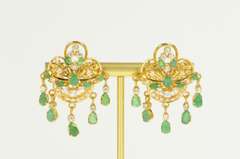 22K Yellow Gold Natural Emerald CZ Encrusted Fringe Statement Earrings