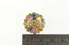 14K Yellow Gold Round Natural Sapphire Diamond Flower Cluster Pendant