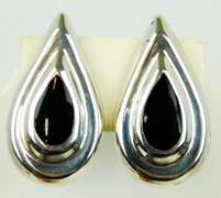 Large Sterling Black Onyx Clip Earrings