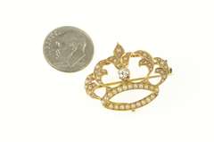 14K Yellow Gold Victorian Diamond Seed Pearl Crown Pin/Brooch