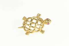 14K Yellow Gold Ruby Eyed Turtle Woven Tortoise Celtic Knot Pin/Brooch