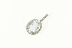 14K White Gold Oval Blue Topaz Diamond Halo Statement Pendant