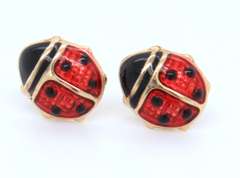 Cute Yellow Gold Enamel Lady Bug Earrings