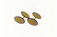 18K Yellow Gold Oval Woven Blue Enamel Men's Ornate Cuff Links