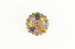 14K Yellow Gold Round Natural Sapphire Diamond Flower Cluster Pendant