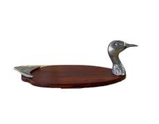 Vintage Wooden Bread Board, Serving Tray or Trivet With Pewter Duck Head and Tail