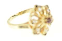 14K Yellow Gold Ornate Ruby Diamond Enamel Flower Cocktail Ring
