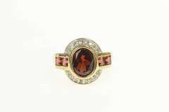 14K Yellow Gold Oval Garnet Diamond Halo Princess Statement Ring