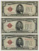 3 Nice and collectible Series of 1928 $5 Red Seal Notes