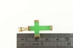 14K Yellow Gold Squared Jade Carved Cross Christian Faith Pendant