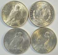 Choice BU 1921 Morgan and 1922 to 1924 Peace Dollars. 4pcs