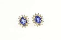 14K Yellow Gold Oval Syn. Sapphire Diamond Halo Stud Earrings