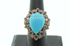 Lovely Turquoise Teardrop Ring with Diamond Accents and Gold Plated Silver