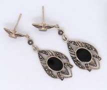 Vintage 925 Sterling Silver Black Onyx and Marcasite Dangle Earrings