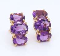 Yellow Gold 3 Stone Amethyst Earrings