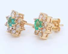 Powerful Yellow Gold Emerald and Diamond Cluster Earrings