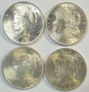 Choice BU 1921 Morgan and 1922 to 1924 Peace Dollars. 4pcs