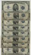 8 Series of 1934 $5 Blue Seal Silver Certificates. Circs