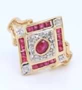 Pleasing Yellow Gold Ruby and Diamond Deco Style Ring