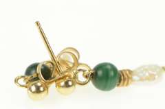 14K Yellow Gold Pearl Malachite Beaded Dangle Vintage Earrings