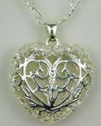 Sterling Silver Filigree Puffy Heart Pendant & Chain
