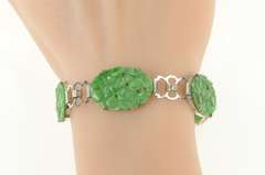 14K White Gold Carved Oval Floral Jade Elaborate Statement Bracelet