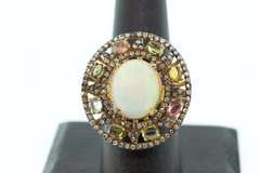 Illustrious Gold Plated Silver Ring with Magnificent Pearl and Polychromatic Precious Gems