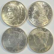Choice BU 1921 Morgan and 1922 to 1924 Peace Dollars. 4pcs