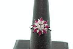 Bold Ruby and Diamond Patterned 18k White Gold Ring