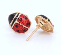 Cute Yellow Gold Enamel Lady Bug Earrings