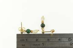 14K Yellow Gold Pearl Malachite Beaded Dangle Vintage Earrings