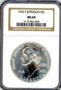 1993-P Jefferson BU Commemorative Silver Dollar in NGC MS69