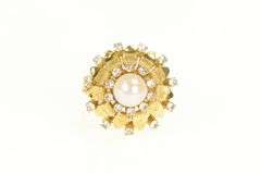 14K Yellow Gold 1950's Retro Pearl CZ Cocktail Halo Cluster Ring