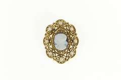 14K Yellow Gold Carved Cameo Seed Pearl Filigree Halo Pin/Brooch