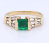 Fantastic Yellow Gold Emerald and Baguette Diamond Cocktail Ring