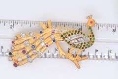 Majestic Yellow Gold Ruby, Sapphire and Emerald Peacock Brooch