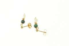 14K Yellow Gold Pearl Malachite Beaded Dangle Vintage Earrings