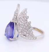 Fantastic White Gold Pear Shaped Tanzanite and Diamond Wings Ring