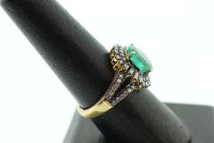 Enchanting Emeral Ring with Round and Baguette Diamonds on a Gold Plated Silver Band