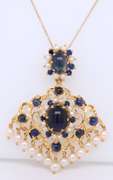 Wonderful Yellow Gold oval Cab Sapphire with Sapphire and Saltwater Pearls Pendant on Chain