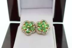 14kt Gold Plated Sterling Silver & Emerald Earrings edged with Diamonds