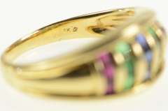 18K Yellow Gold Princess Sapphire Ruby Emerald Striped Band Ring