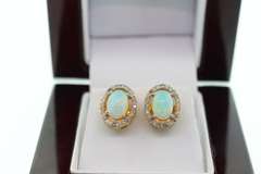 14kt Gold Plated Sterling Silver, Opal, & Diamond Earrings