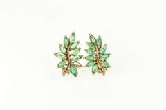 14K Yellow Gold Marquise Emerald Diamond Wavy Cluster Earrings