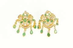 22K Yellow Gold Natural Emerald CZ Encrusted Fringe Statement Earrings