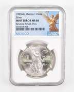 Mint Error MS66 1983 Mo Mexico 1 Silver Onza - REV Struck Thru - NGC