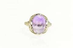 18K White Gold Art Deco Amethyst Filigree Engraved Elaborate Ring