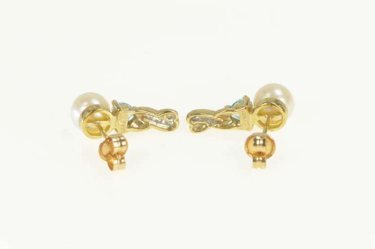 10K Yellow Gold Pearl Blue Topaz Diamond Accent Drop Earrings