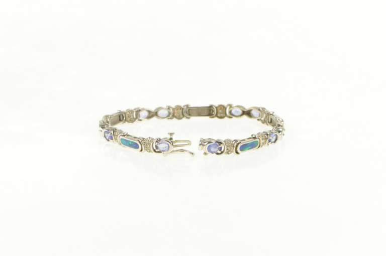 14K White Gold Black Opal Inlay Tanzanite Diamond Statement Bracelet