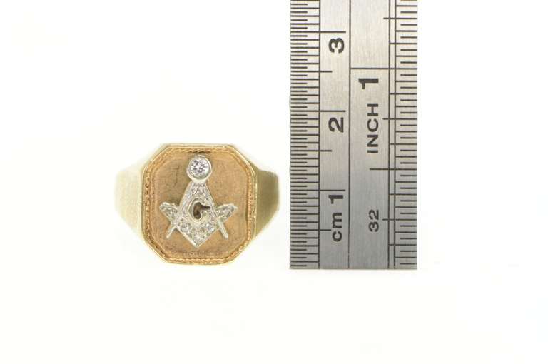 14K Yellow Gold G Masonic Diamond Compass Square Men's Ring